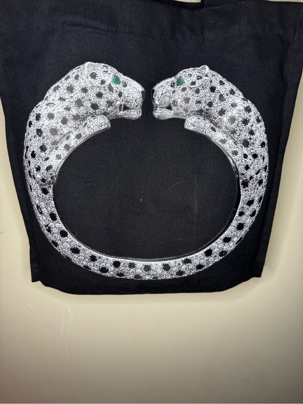 Cartier Black V&A Tote Bag with Silver Leopard Circle and Green Eye Accents